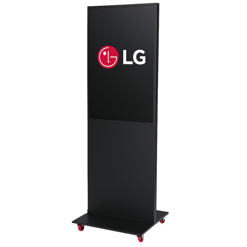 43" LG 4K Digitale Signage Stele – Schwarzes Stahl-Display mit Rollen | Freistehend | 24/7 Profi-Einsatz