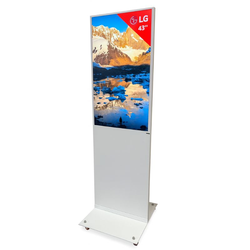 43" LG 4K Digital Signage Stele – Freistehendes Weißes Werbedisplay mit Rollen – 24/7 Betrieb – Mit Webverwaltung, Contentplaner, CMS & Integriertem Editor