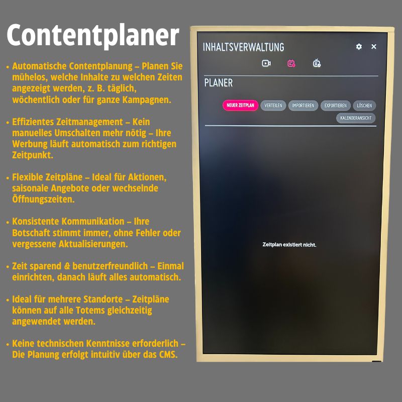 43" LG 4K Digital Signage Stele – Freistehendes Schwarzes Werbedisplay mit Rollen – 24/7 Betrieb – Mit Webverwaltung, Contentplaner, CMS & Integriertem Editor