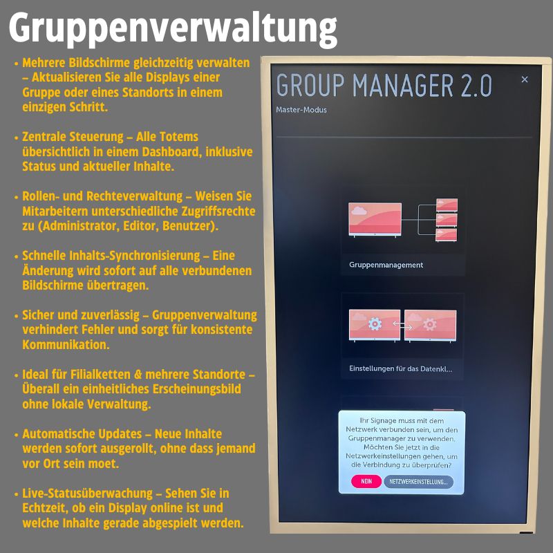 43" LG 4K Digital Signage Stele – Freistehendes Schwarzes Werbedisplay mit Rollen – 24/7 Betrieb – Mit Webverwaltung, Contentplaner, CMS & Integriertem Editor