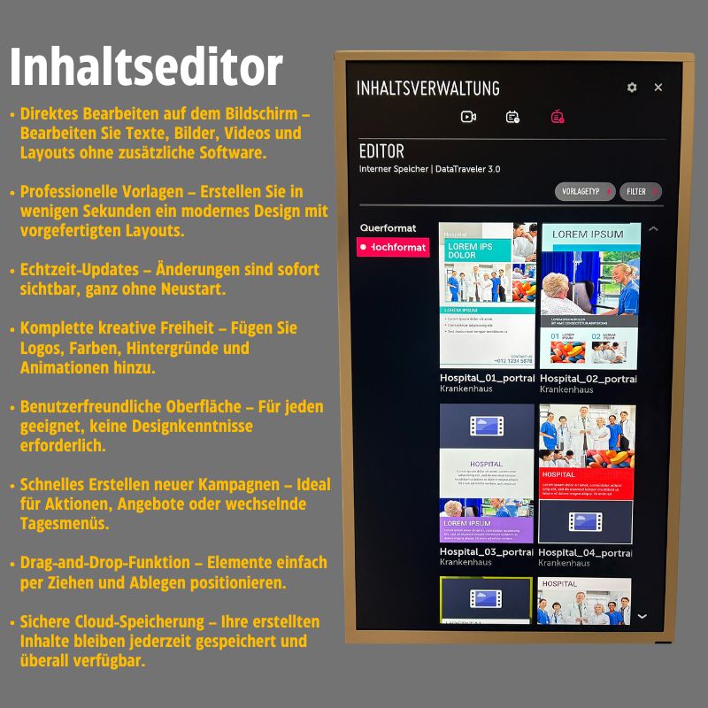 43" LG 4K Digital Signage Stele – Freistehendes Schwarzes Werbedisplay mit Rollen – 24/7 Betrieb – Mit Webverwaltung, Contentplaner, CMS & Integriertem Editor