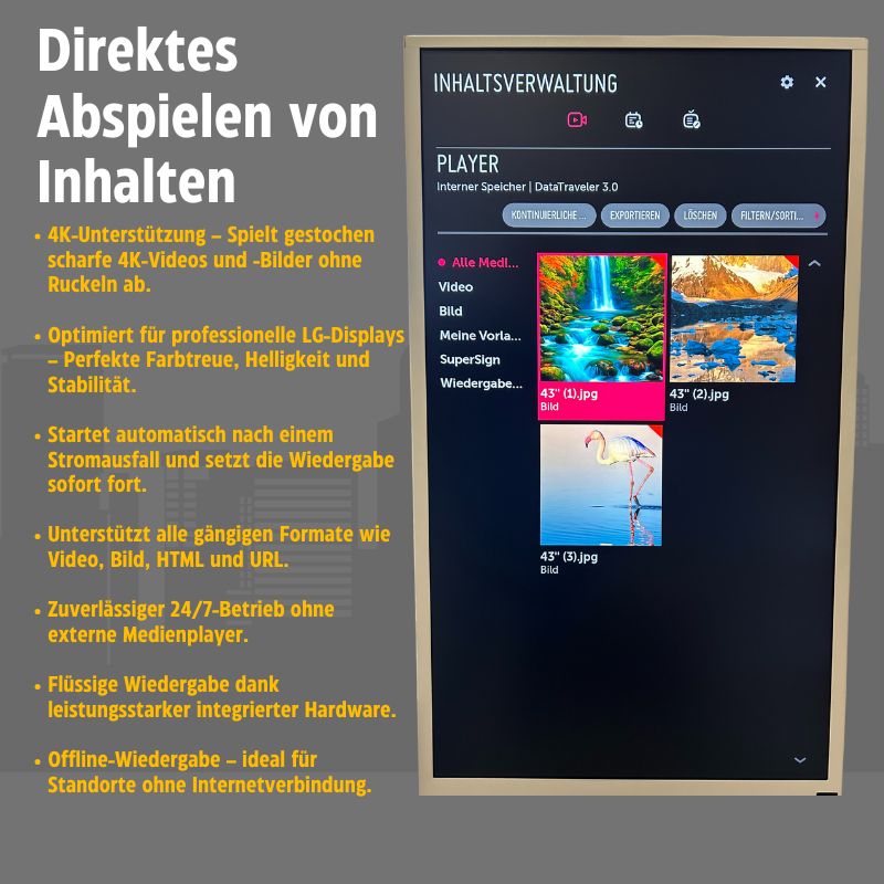 43" LG 4K Digital Signage Stele – Freistehendes Schwarzes Werbedisplay mit Rollen – 24/7 Betrieb – Mit Webverwaltung, Contentplaner, CMS & Integriertem Editor
