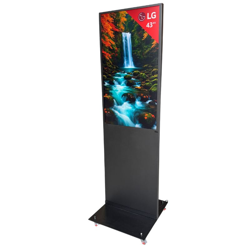 43" LG 4K Digital Signage Stele – Freistehendes Schwarzes Werbedisplay mit Rollen – 24/7 Betrieb – Mit Webverwaltung, Contentplaner, CMS & Integriertem Editor